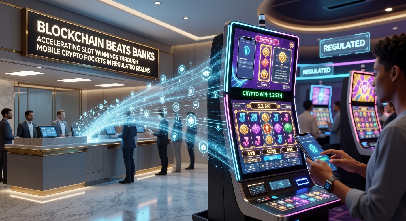 Mobilgerät mit Crypto-Wallet-App, das eine erfolgreiche Slot-Auszahlung in einem Blockchain-Casino anzeigt, umgeben von grafischen Elementen regulierter Märkte