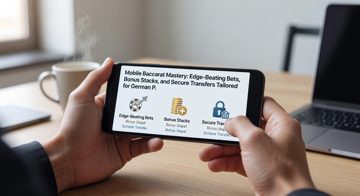 Grafik mit gestapelten Bonus-Chips, Baccarat-Karten und einem Smartphone, das sichere Transfer-Icons wie Giropay und Sofort zeigt, speziell für den deutschen Markt