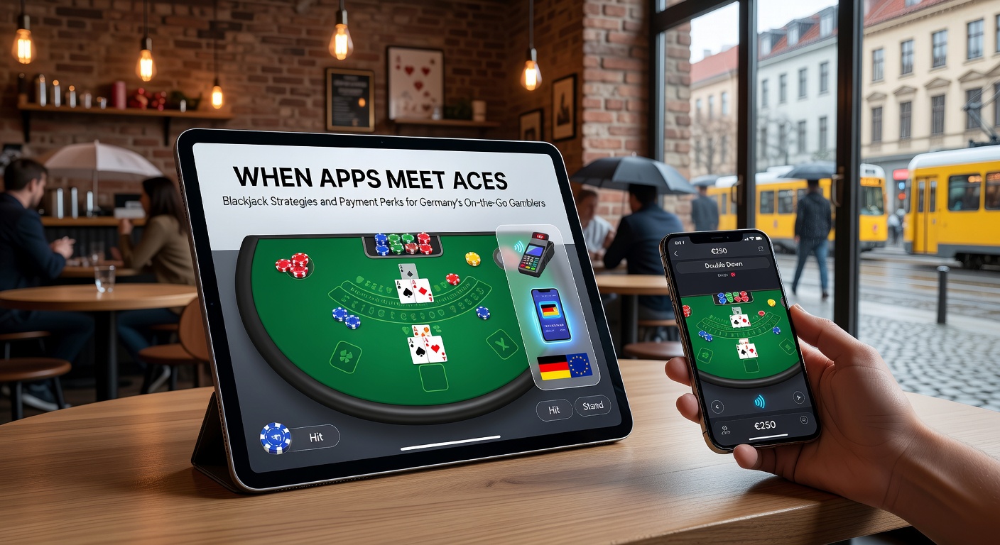 Smartphone mit Blackjack-App im Spiel, umgeben von deutschen Straßenszenen und Asen-Karten